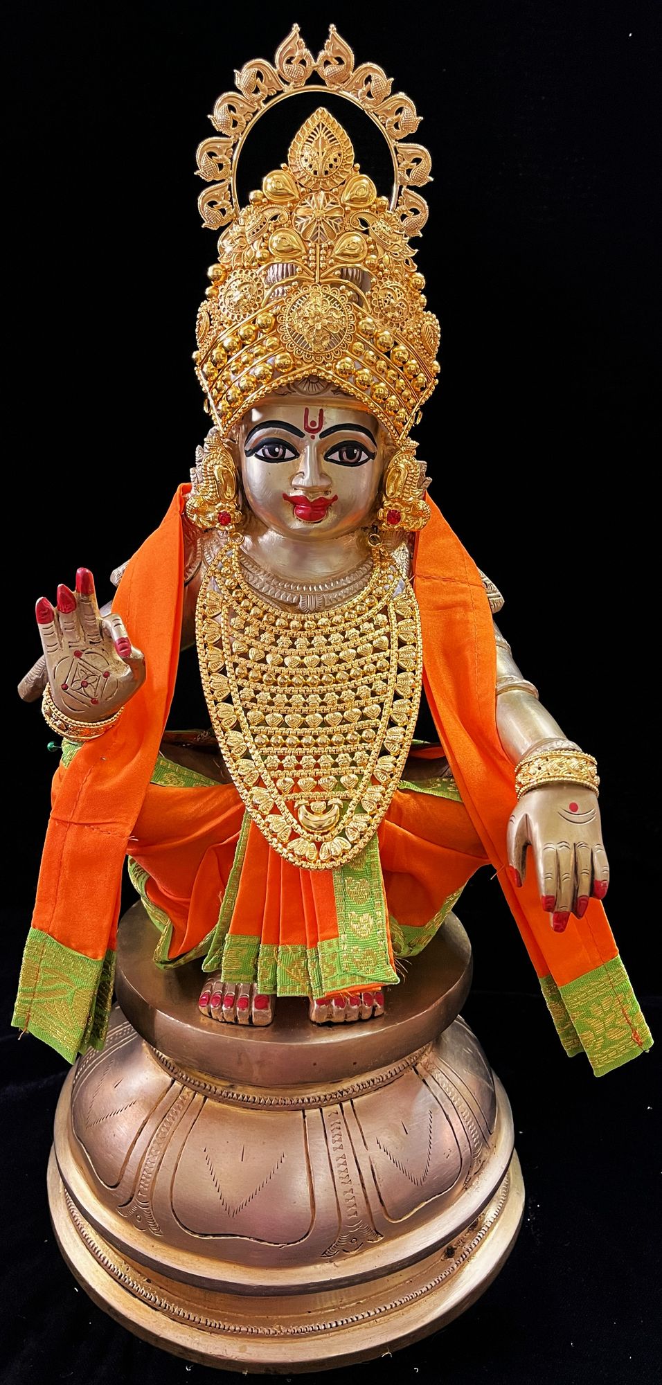Aiyappa Dhoti made of Plain Silk (Not Pure Silk) - Orange Dhoti and Shalya with Parrot Green border 1