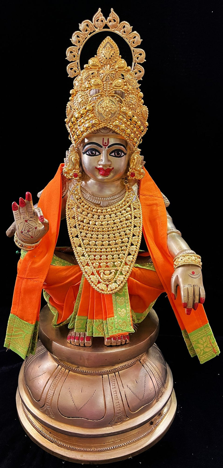 Aiyappa Dhoti made of Plain Silk (Not Pure Silk) - Orange Dhoti and Shalya with Parrot Green border