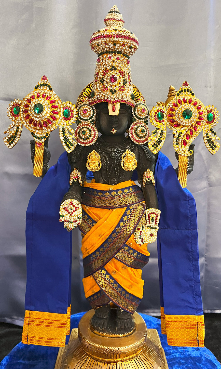 Unstitched Balaji dhoti and patka shalya / Uparna vastra made of Chanderi Silk (Not Pure Silk) - Yellow dhoti with Blue border and shalya