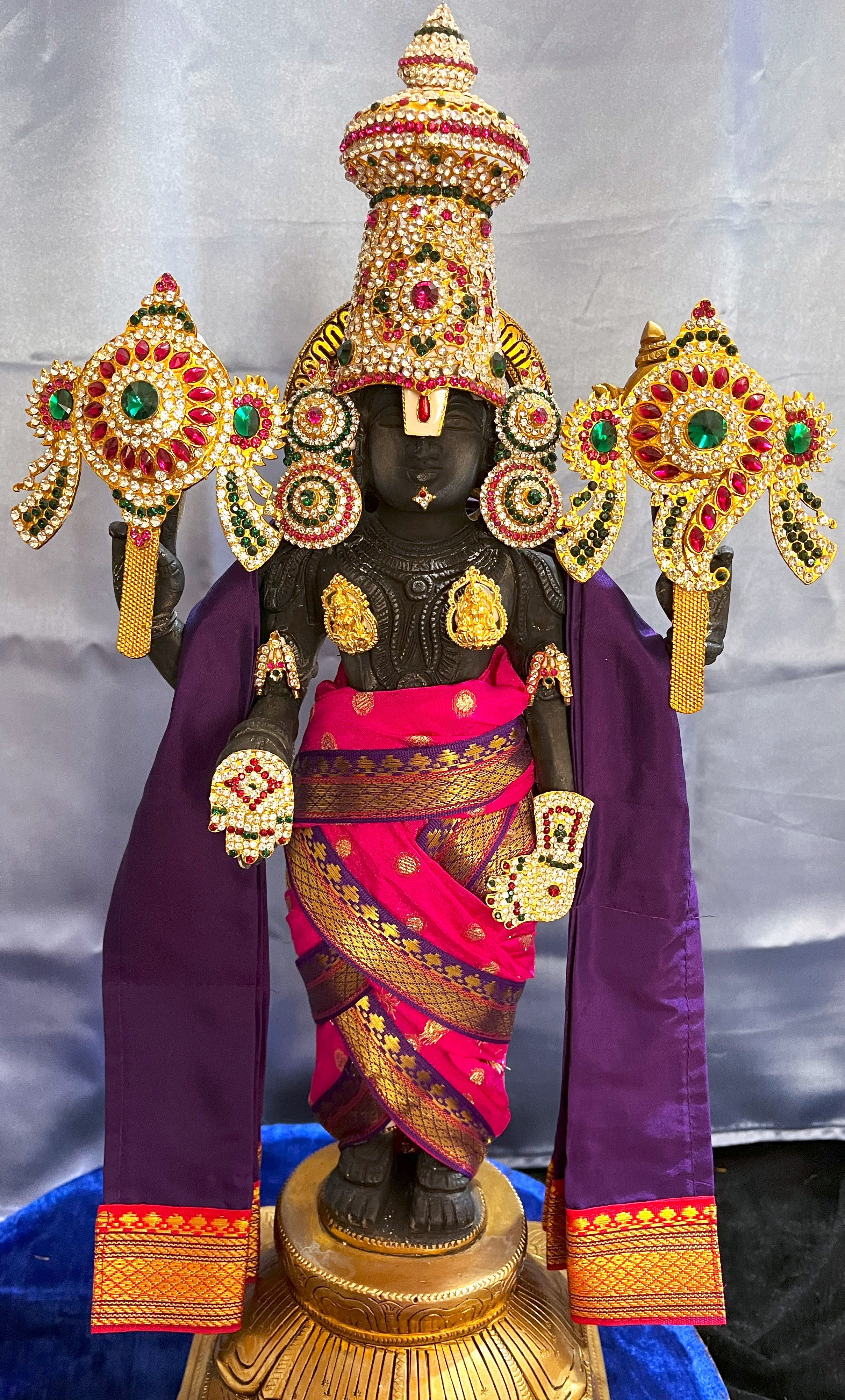 Unstitched Balaji dhoti and patka shalya / Uparna vastra made of Chanderi Silk (Not Pure Silk) - Rani Pink Dhoti with Violet Border and Shalya 1
