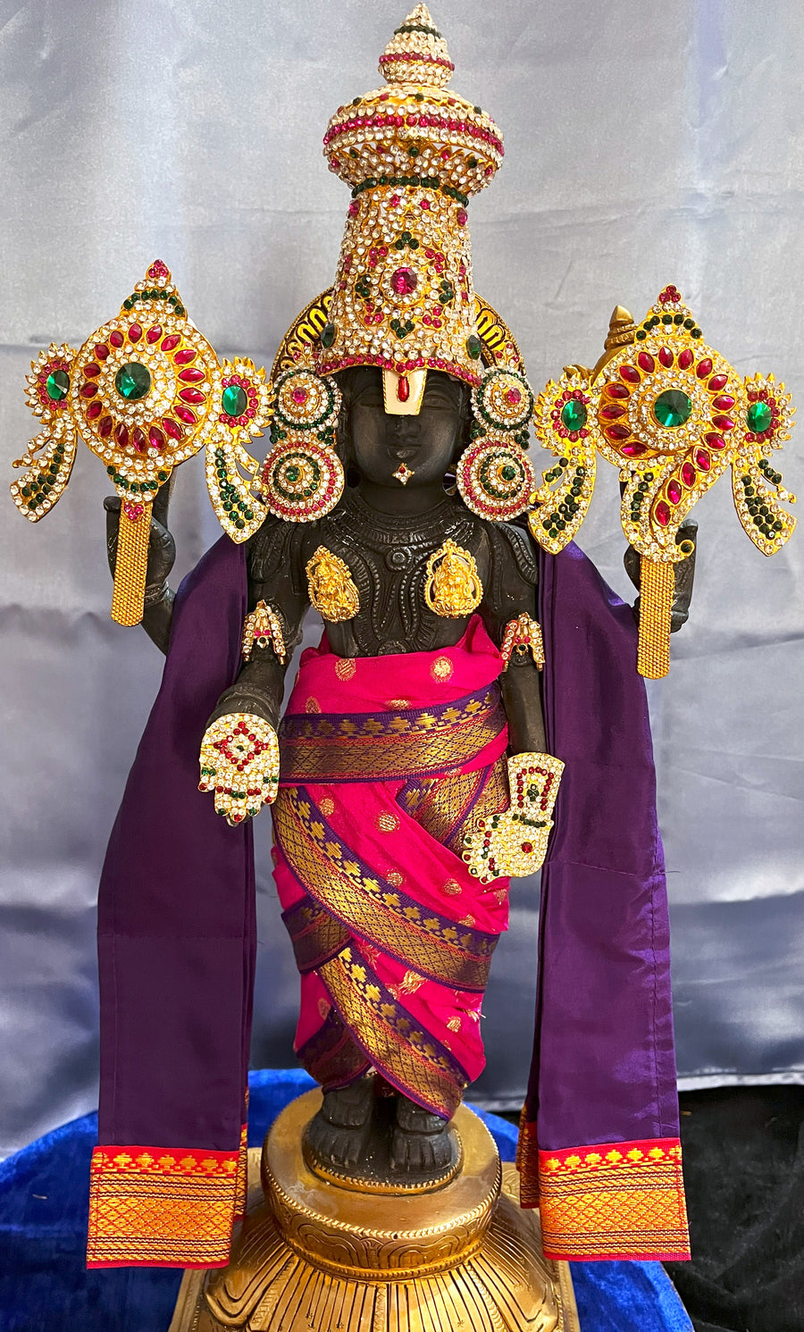 Unstitched Balaji dhoti and patka shalya / Uparna vastra made of Chanderi Silk (Not Pure Silk) - Rani Pink Dhoti with Violet Border and Shalya