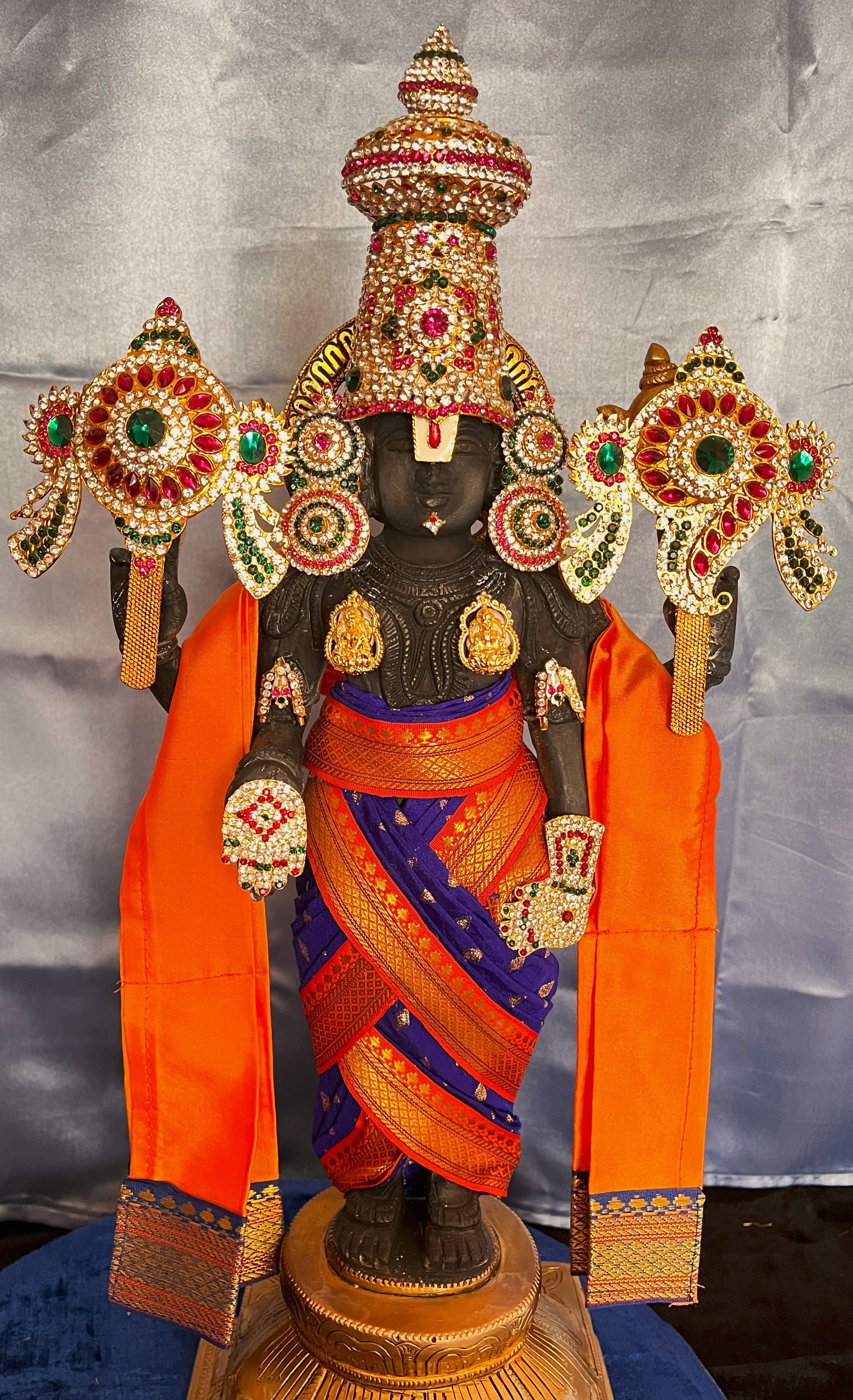 Unstitched Balaji dhoti and patka shalya / Uparna vastra made of Chanderi Silk (Not Pure Silk) - Purple Dhoti with Orange Border and Shalya 1
