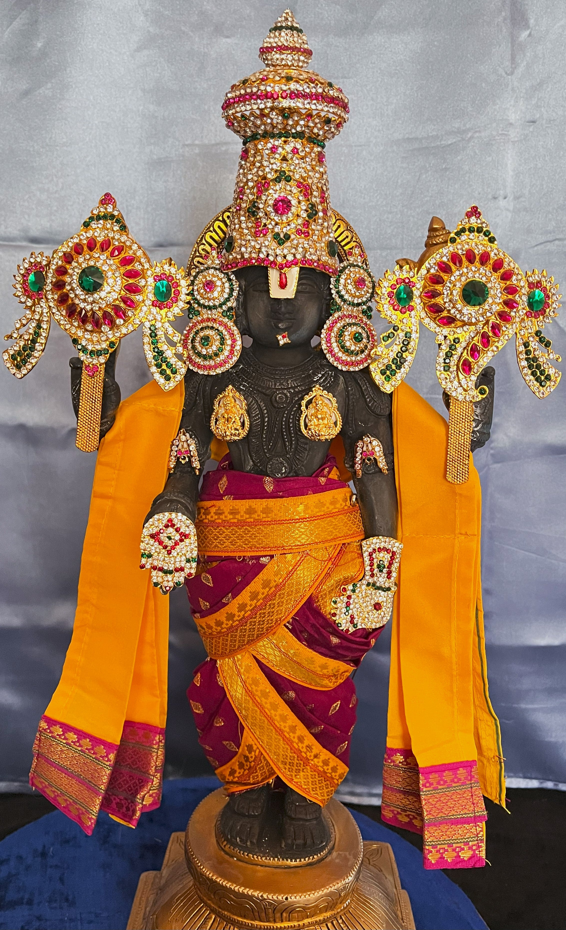 Unstitched Balaji dhoti and patka shalya / Uparna vastra made of Chanderi Silk (Not Pure Silk) - Majenta Dhoti with Yellow Border and Shalya 1