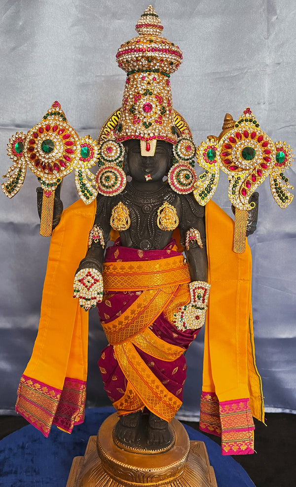 Unstitched Balaji dhoti and patka shalya / Uparna vastra made of Chanderi Silk (Not Pure Silk) - Majenta Dhoti with Yellow Border and Shalya