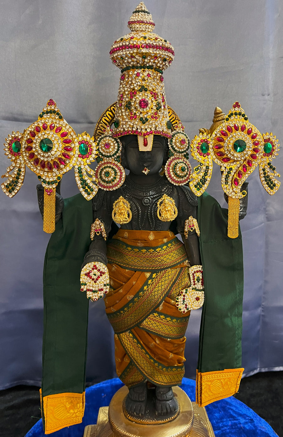Unstitched Balaji dhoti and patka shalya / Uparna vastra made of Chanderi Silk (Not Pure Silk) - Mustard Dhoti with Green Border and Shalya