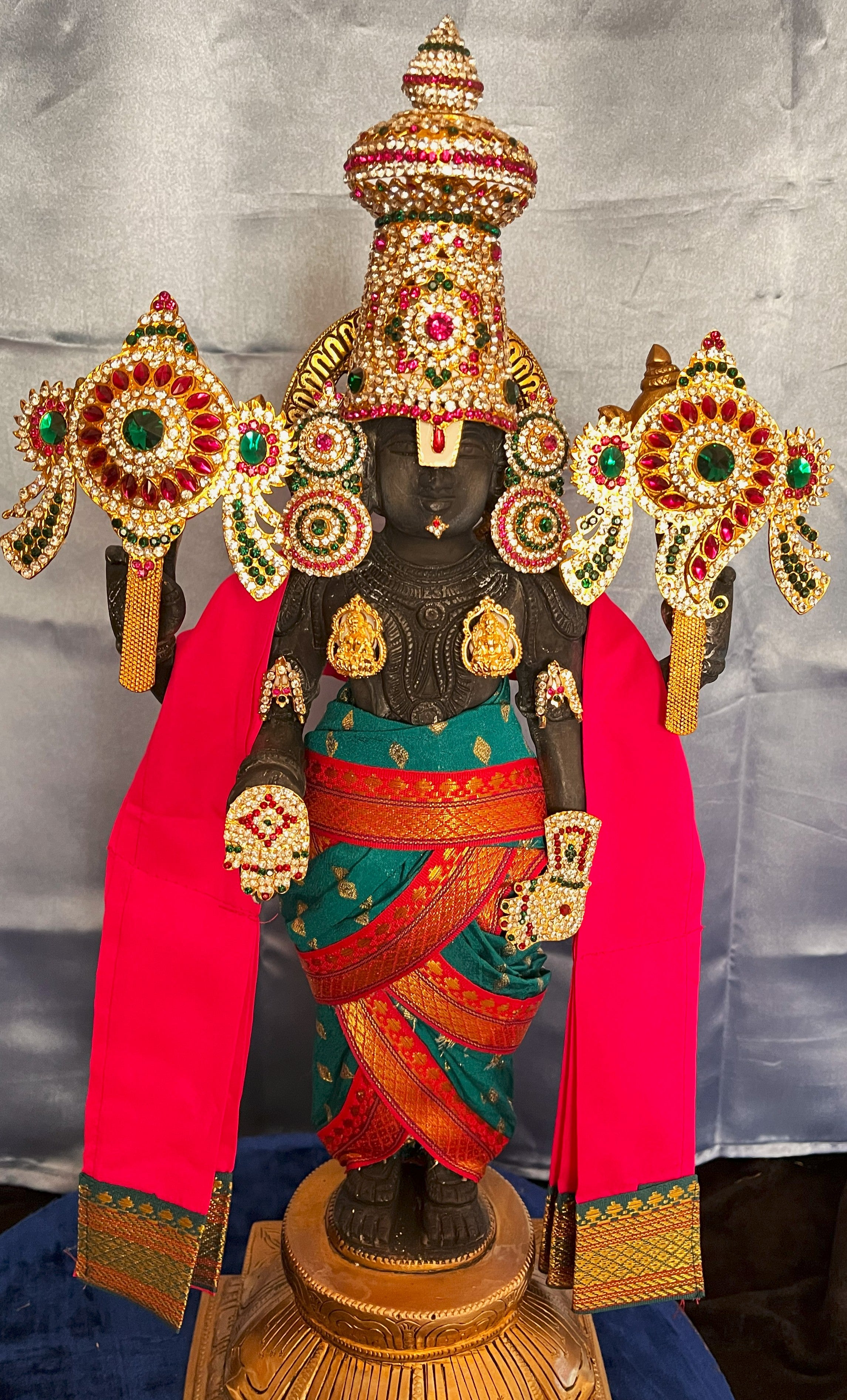 Unstitched Balaji dhoti and patka shalya / Uparna vastra made of Chanderi Silk (Not Pure Silk) - Rama Green Dhoti with Pink Border and Pink Shalya 1