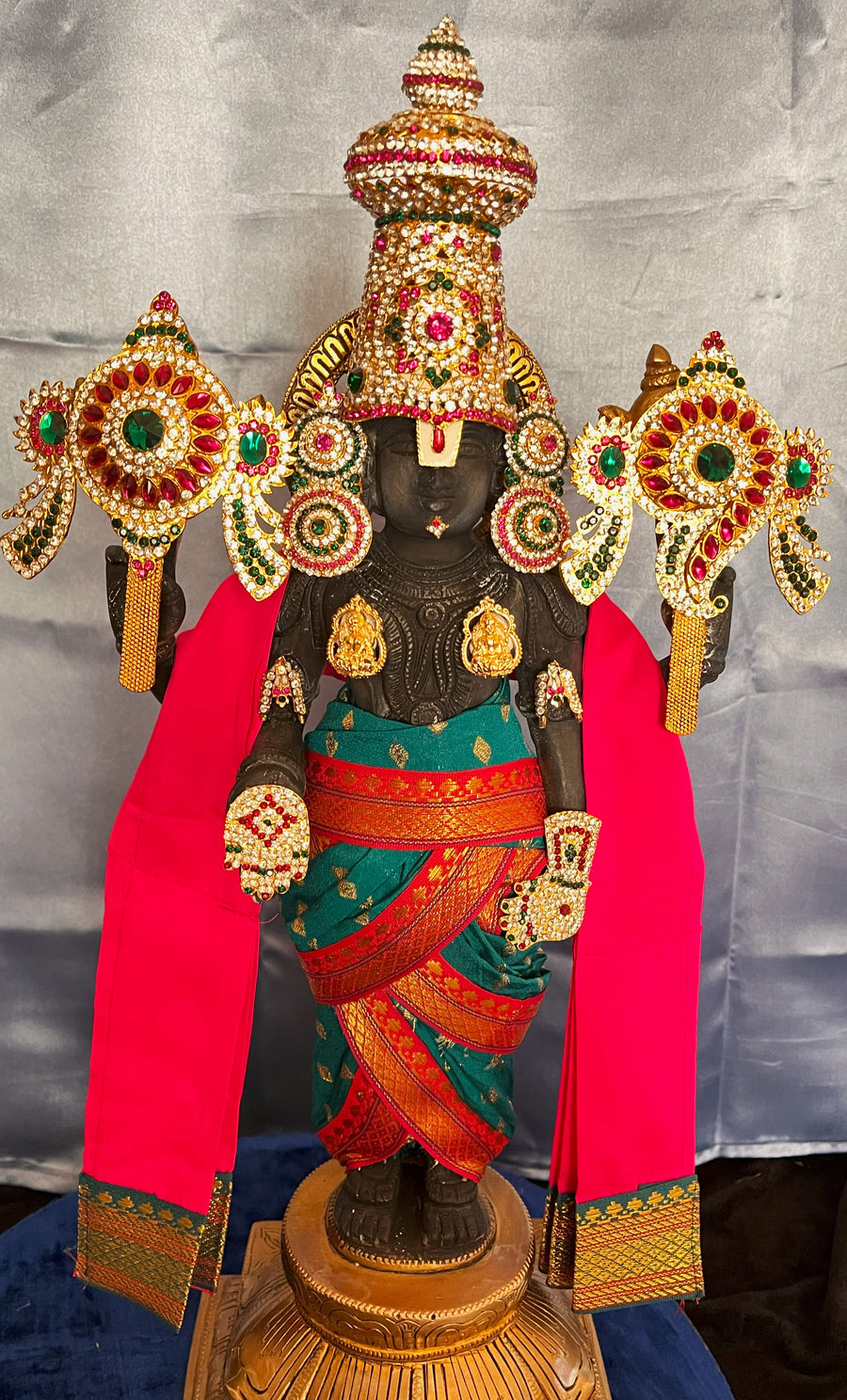Unstitched Balaji dhoti and patka shalya / Uparna vastra made of Chanderi Silk (Not Pure Silk) - Rama Green Dhoti with Pink Border and Pink Shalya