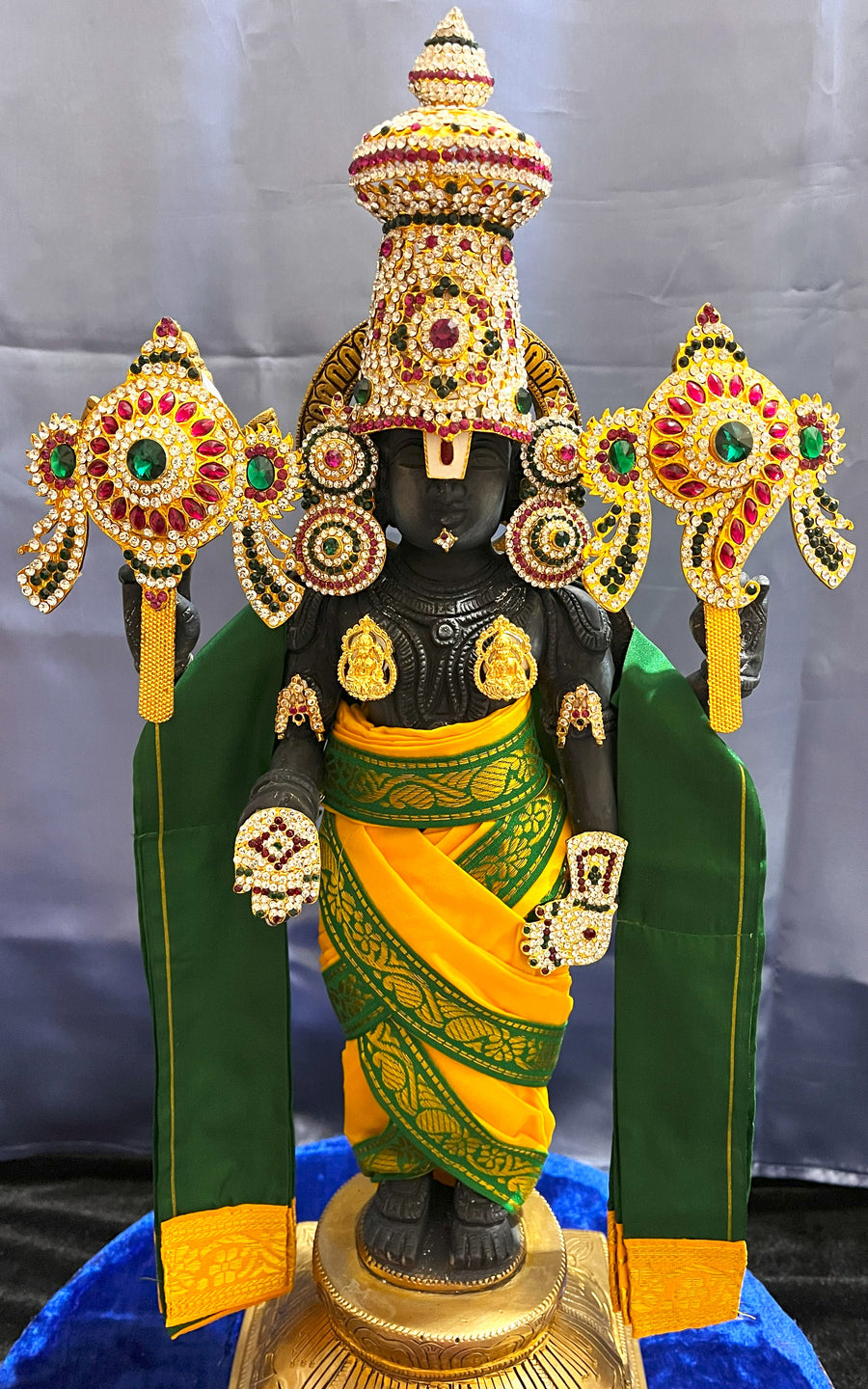 Unstitched Balaji dhoti and patka shalya / Uparna vastra made of Plain Silk (Not Pure Silk) - Yellow dhoti with Green border and Green shalya