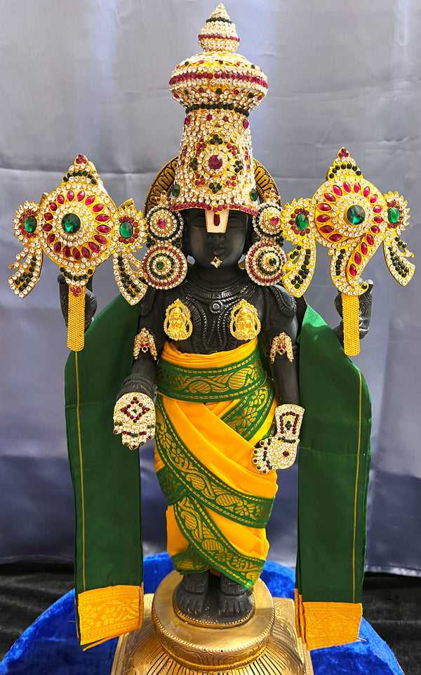 Unstitched Balaji dhoti and patka shalya / Uparna vastra made of Plain Silk (Not Pure Silk) - Yellow dhoti with Green border and Green shalya