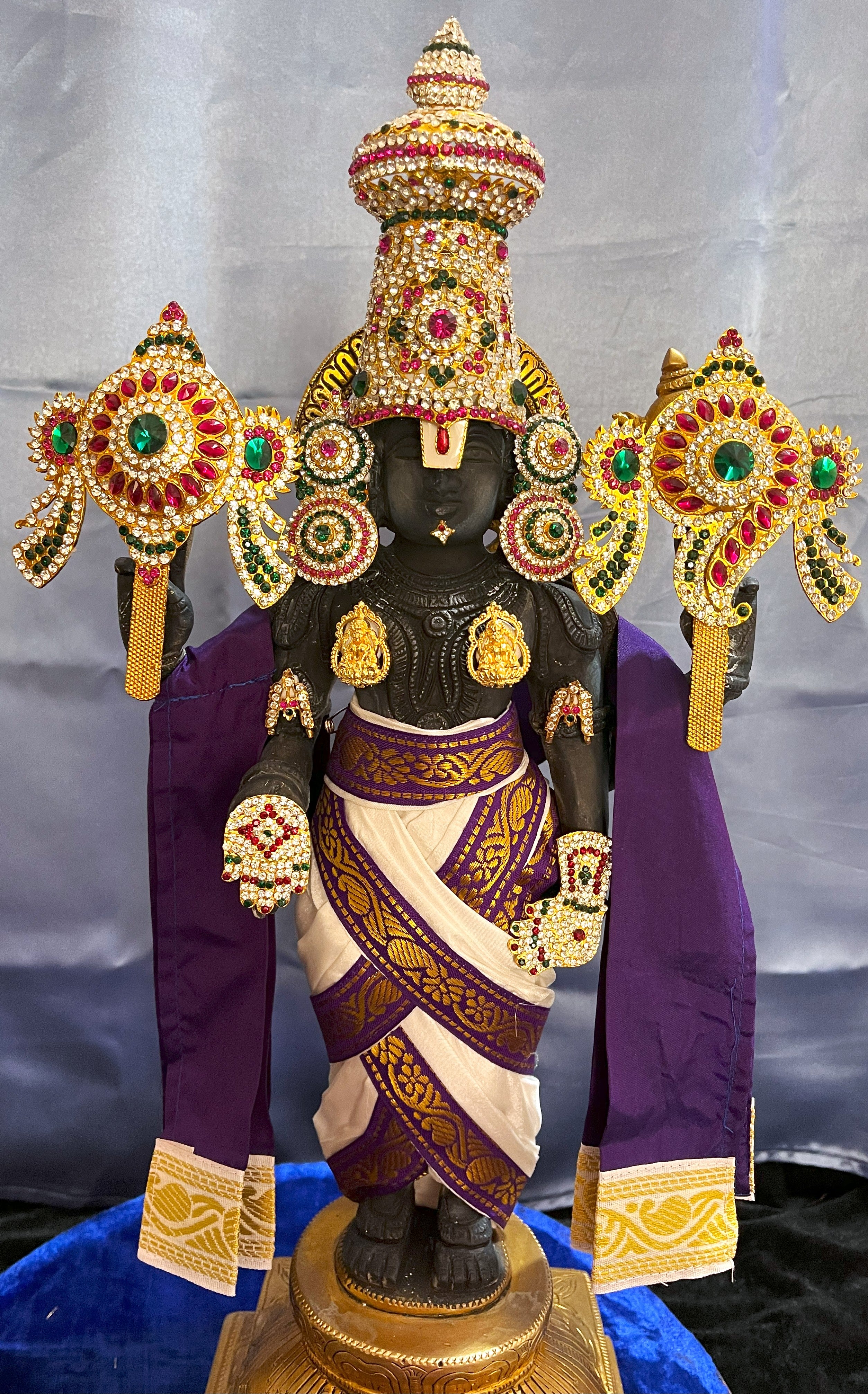 Unstitched Balaji dhoti and patka shalya / Uparna vastra made of Plain Silk (Not Pure Silk) - White dhoti with Purple border and Purple shalya 1