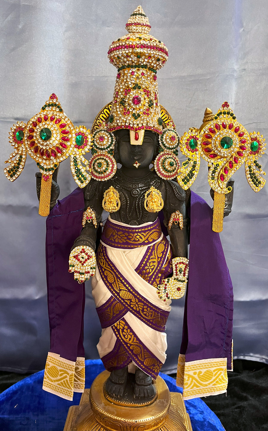Unstitched Balaji dhoti and patka shalya / Uparna vastra made of Plain Silk (Not Pure Silk) - White dhoti with Purple border and Purple shalya