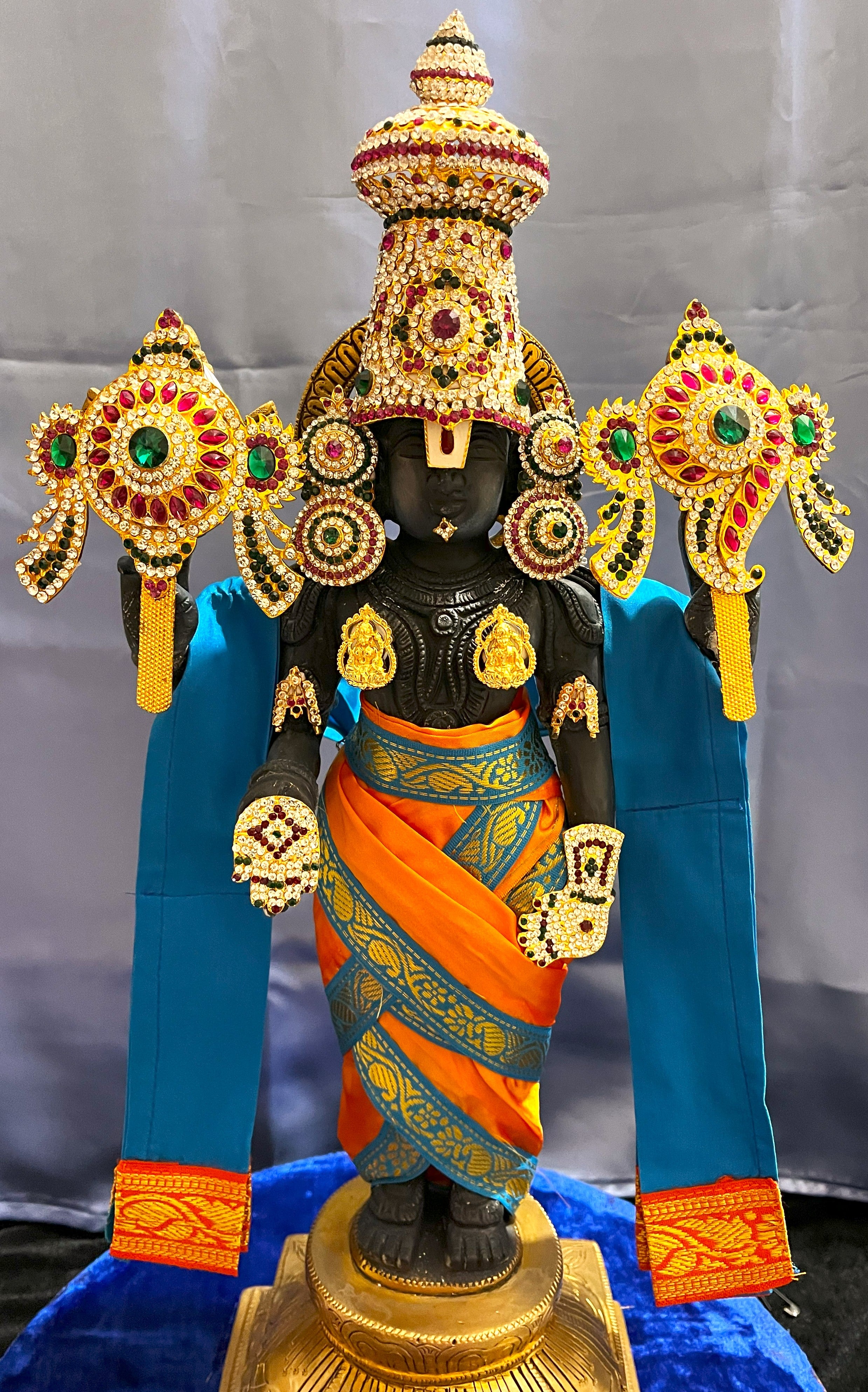 Unstitched Balaji dhoti and patka shalya / Uparna vastra made of Plain Silk (Not Pure Silk) - Orange dhoti with Sky Blue border and Sky Blue shalya 1