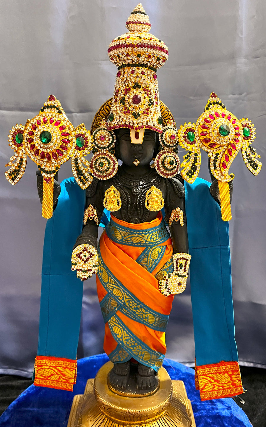 Unstitched Balaji dhoti and patka shalya / Uparna vastra made of Plain Silk (Not Pure Silk) - Orange dhoti with Sky Blue border and Sky Blue shalya