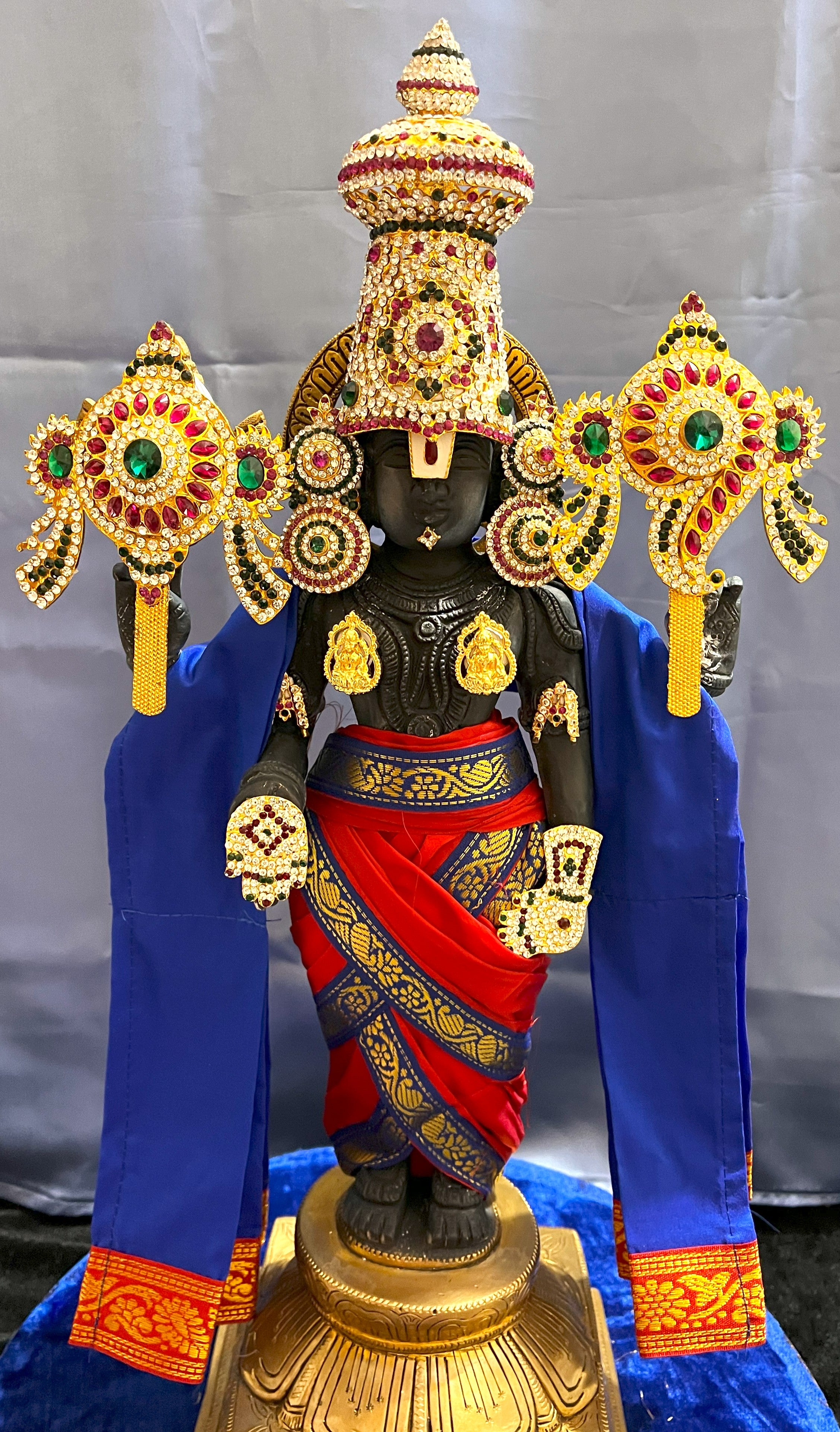 Unstitched Balaji dhoti and patka shalya / Uparna vastra made of Plain Silk (Not Pure Silk) - Red dhoti with Blue border and  Blue shalya 1