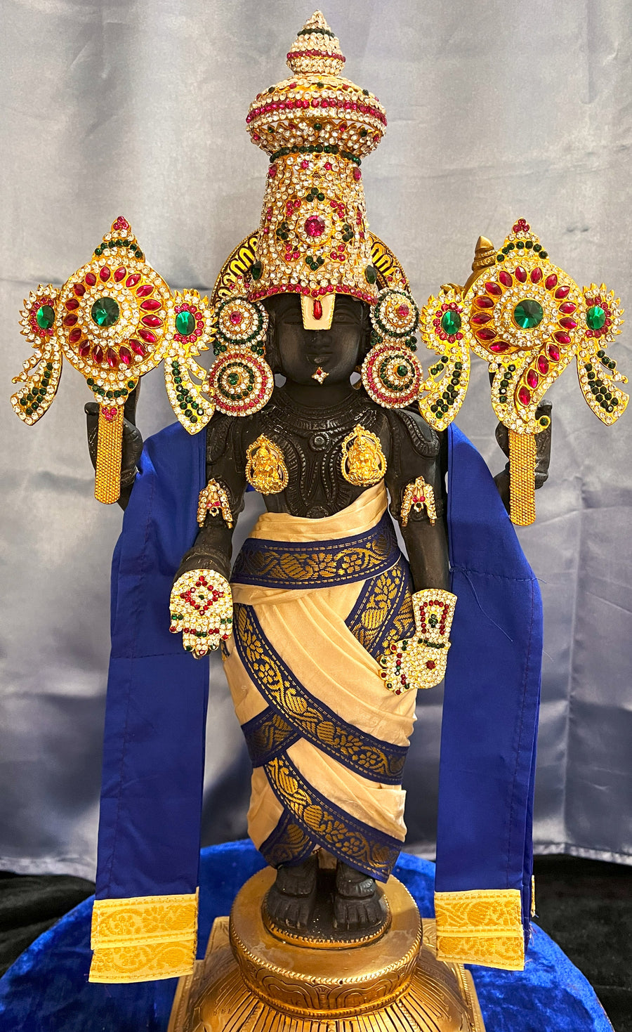 Unstitched Balaji dhoti and patka shalya / Uparna vastra made of Plain Silk (Not Pure Silk) - White dhoti with Royal Blue border and Royal Blue Shalya