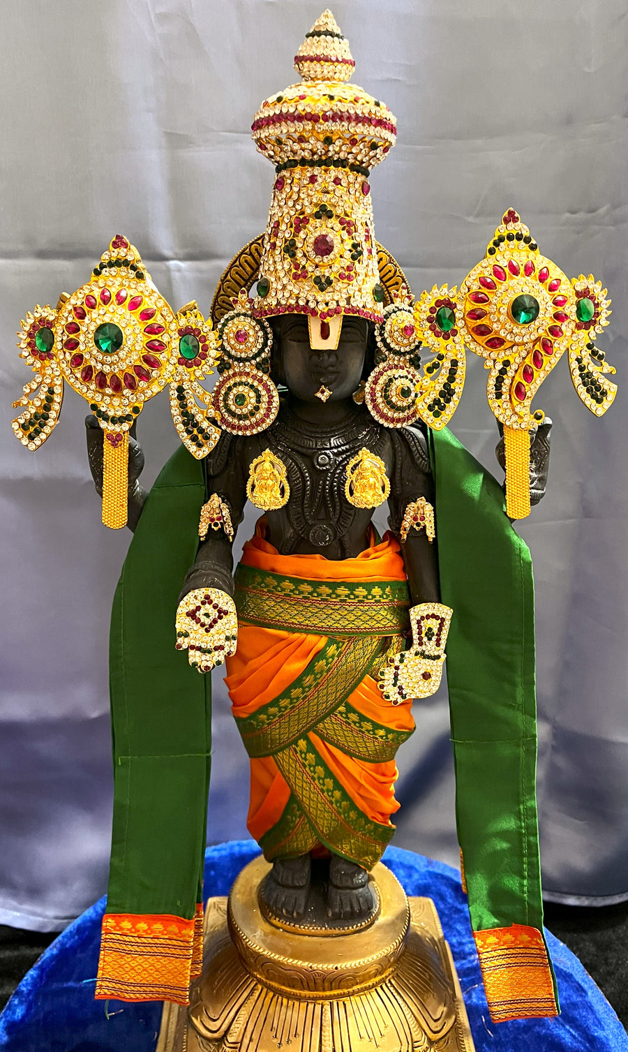 Unstitched Balaji dhoti and patka shalya / Uparna vastra made of Plain Silk (Not Pure Silk) - Orange dhoti with Green  border and Green  Shalya
