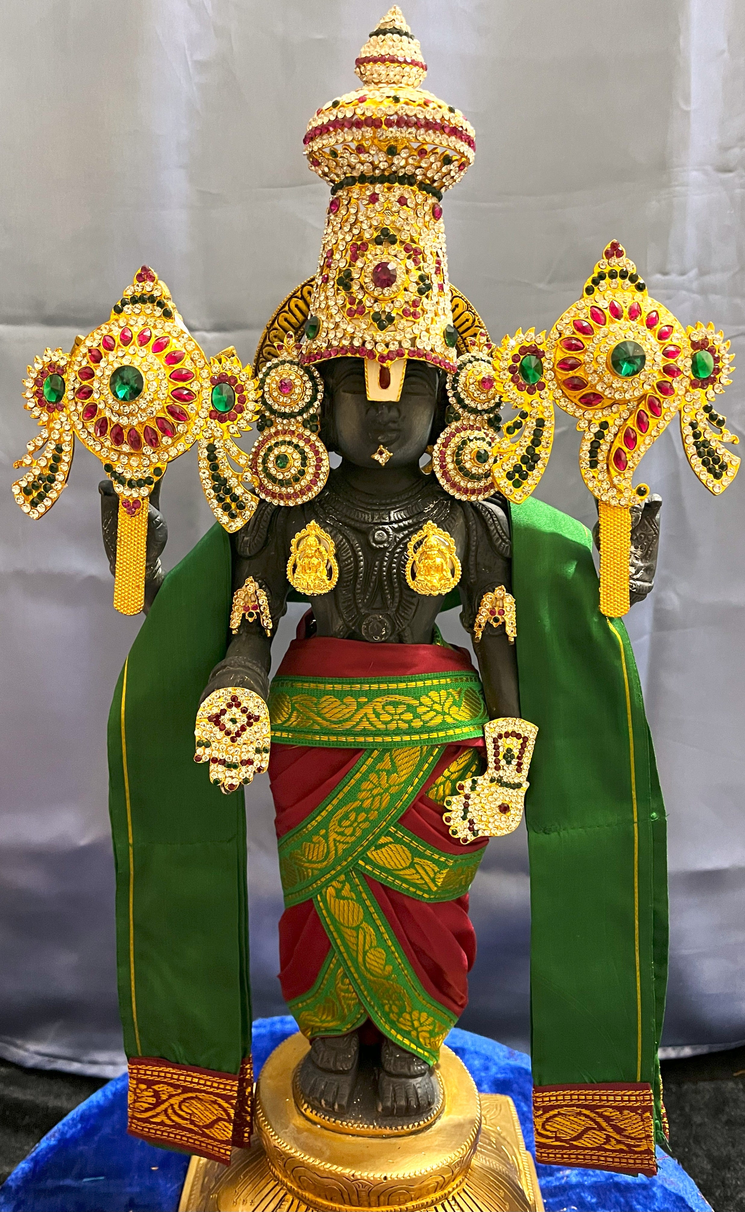 Unstitched Balaji dhoti and patka shalya / Uparna vastra made of Plain Silk (Not Pure Silk) - Maroon dhoti with Green  border and Green  Shalya 1