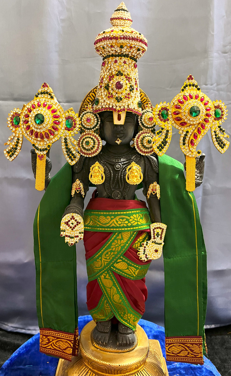 Unstitched Balaji dhoti and patka shalya / Uparna vastra made of Plain Silk (Not Pure Silk) - Maroon dhoti with Green  border and Green  Shalya