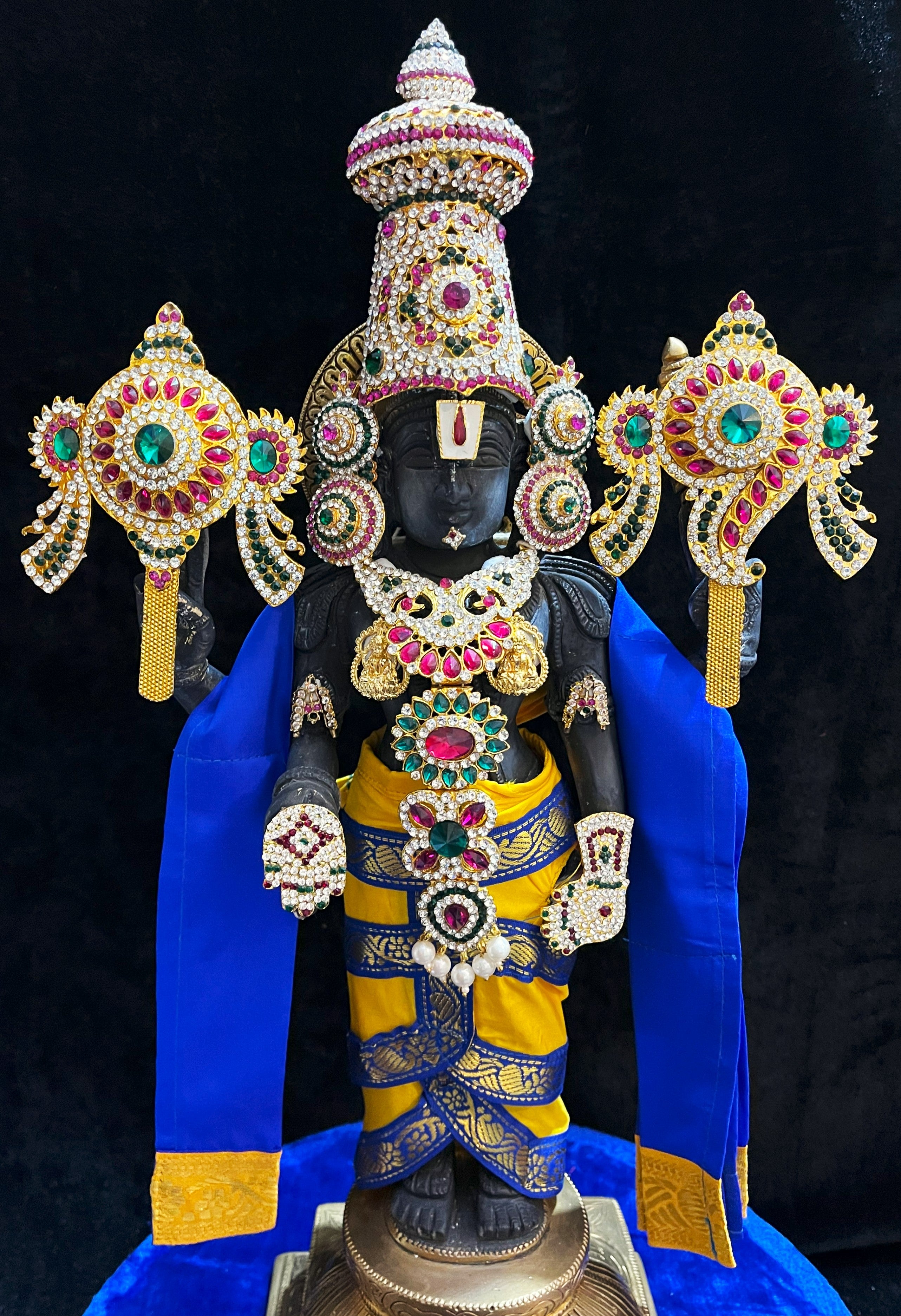 Prestitched, ready to drape Balaji dhoti and patka shalya / Uparna vastra made of Plain Silk (Not Pure Silk) - Yellow dhoti with Blue border and Blue shalya 1