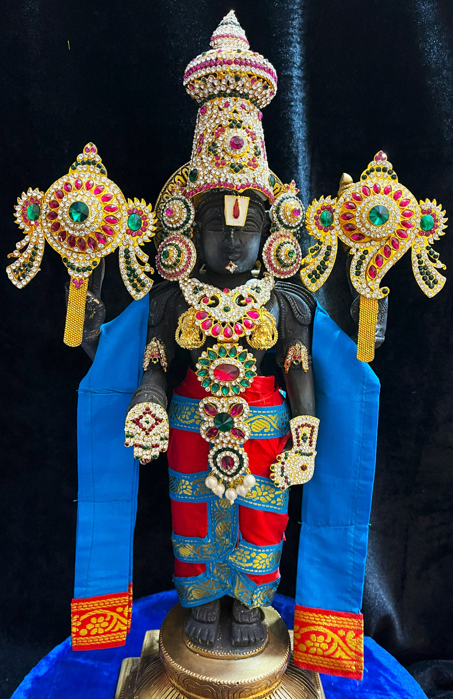 Prestitched, ready to drape Balaji dhoti and patka shalya / Uparna vastra made of Plain Silk (Not Pure Silk) - Red Dhoti with Blue Border and Blue Shalya