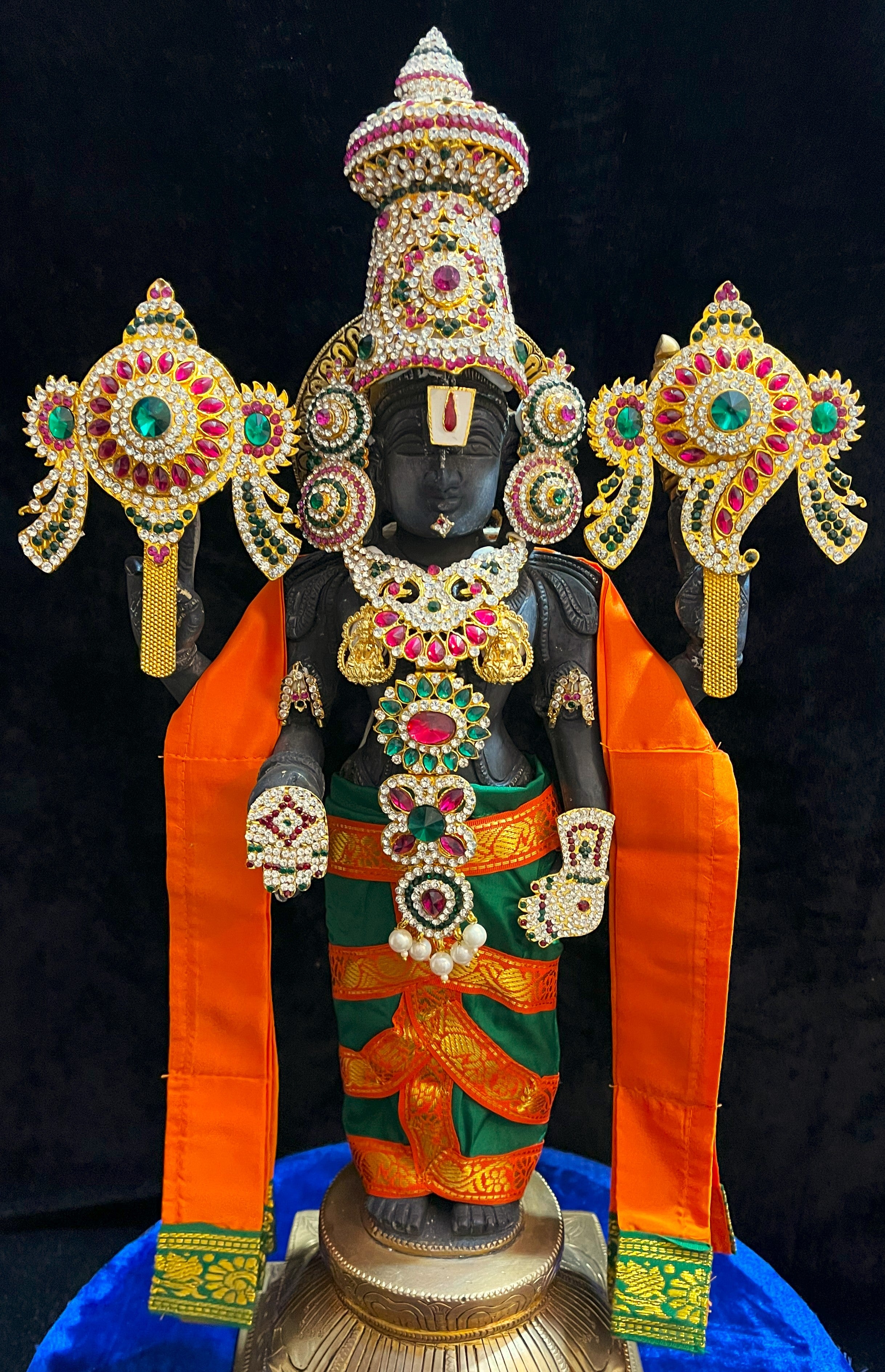 Prestitched, ready to drape Balaji dhoti and patka shalya / Uparna vastra made of Plain Silk (Not Pure Silk) - Dark Green Dhoti with Orange Border and Orange Shalya 1
