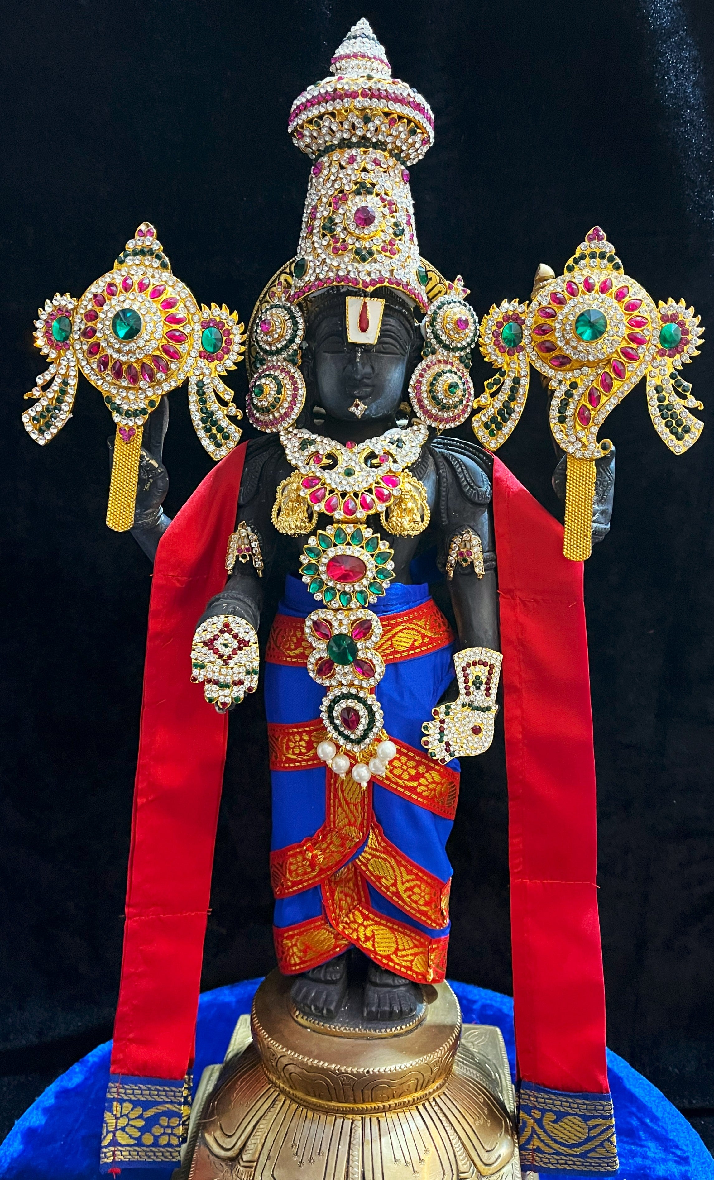 Prestitched, ready to drape Balaji dhoti and patka shalya / Uparna vastra made of Plain Silk (Not Pure Silk) - Royal Blue Dhoti with Red Border and Red Shalya 1