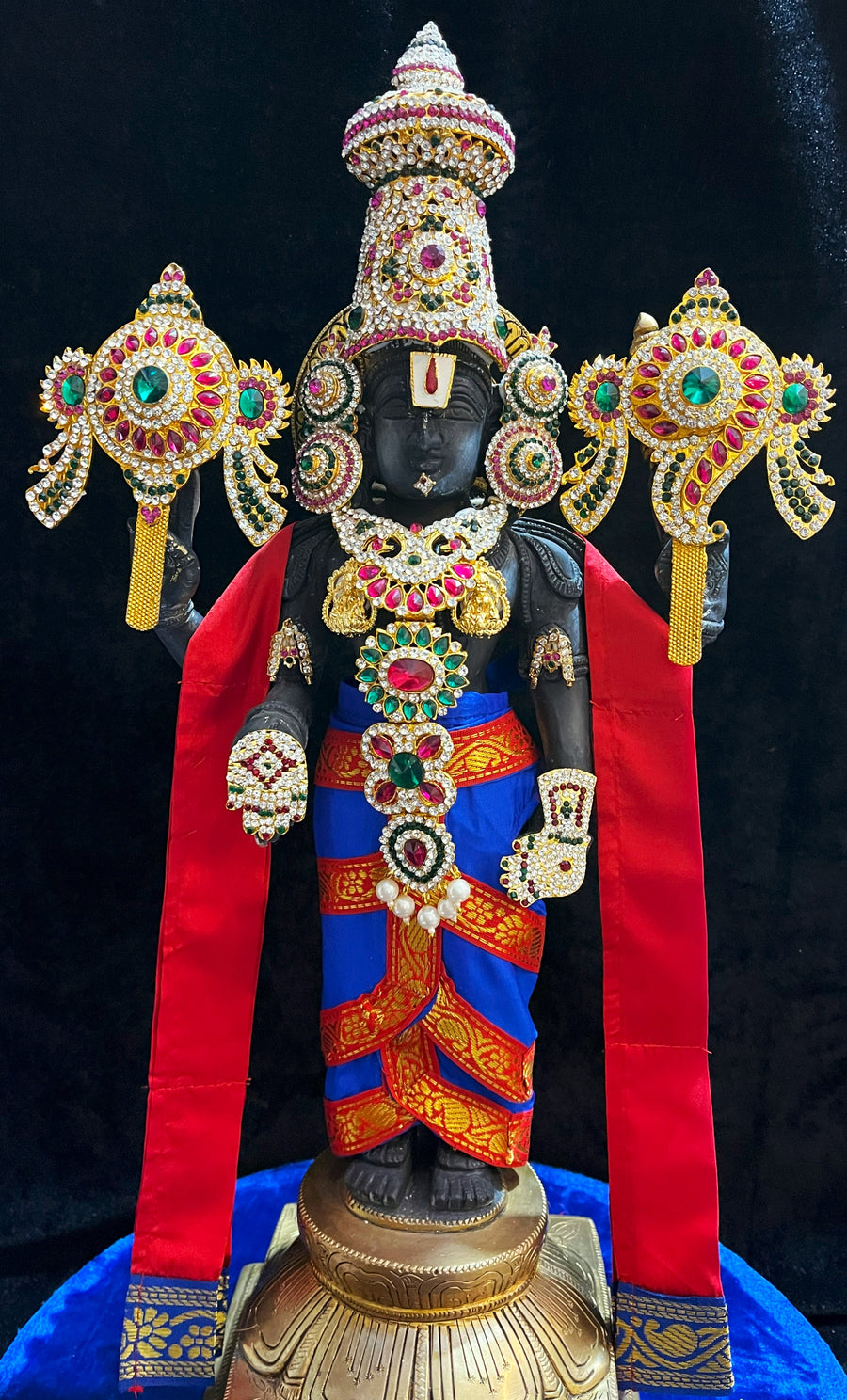 Prestitched, ready to drape Balaji dhoti and patka shalya / Uparna vastra made of Plain Silk (Not Pure Silk) - Royal Blue Dhoti with Red Border and Red Shalya