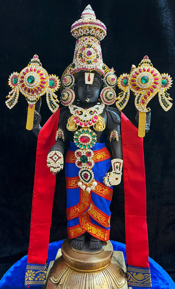 Prestitched, ready to drape Balaji dhoti and patka shalya / Uparna vastra made of Plain Silk (Not Pure Silk) - Royal Blue Dhoti with Red Border and Red Shalya