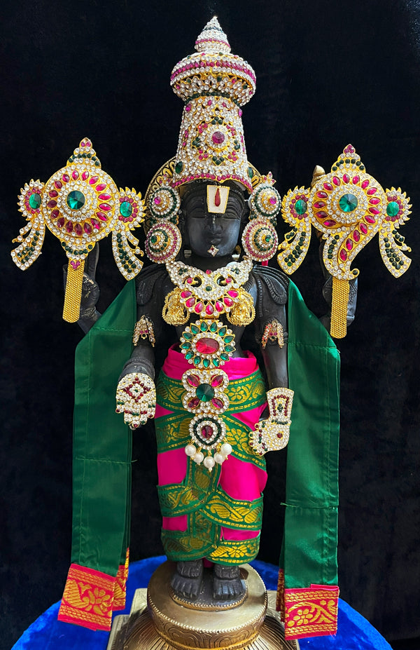 Prestitched, ready to drape Balaji dhoti and patka shalya / Uparna vastra made of Plain Silk (Not Pure Silk) - Pink Dhoti with Dark Green Border and Dark Green Shalya