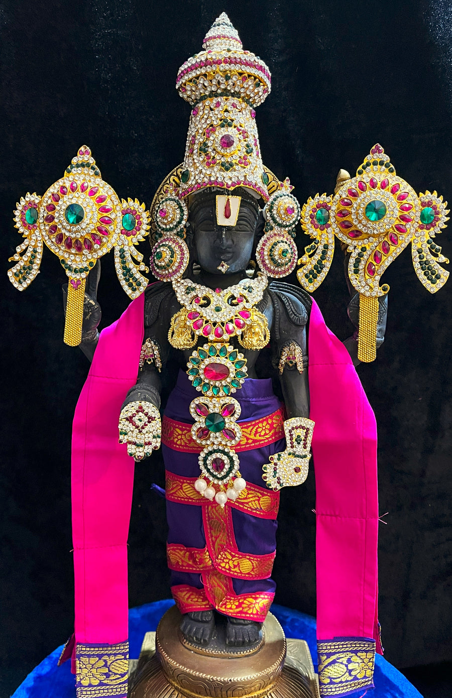 Prestitched, ready to drape Balaji dhoti and patka shalya / Uparna vastra made of Plain Silk (Not Pure Silk) - Violet Dhoti with Pink Border and Pink Shalya