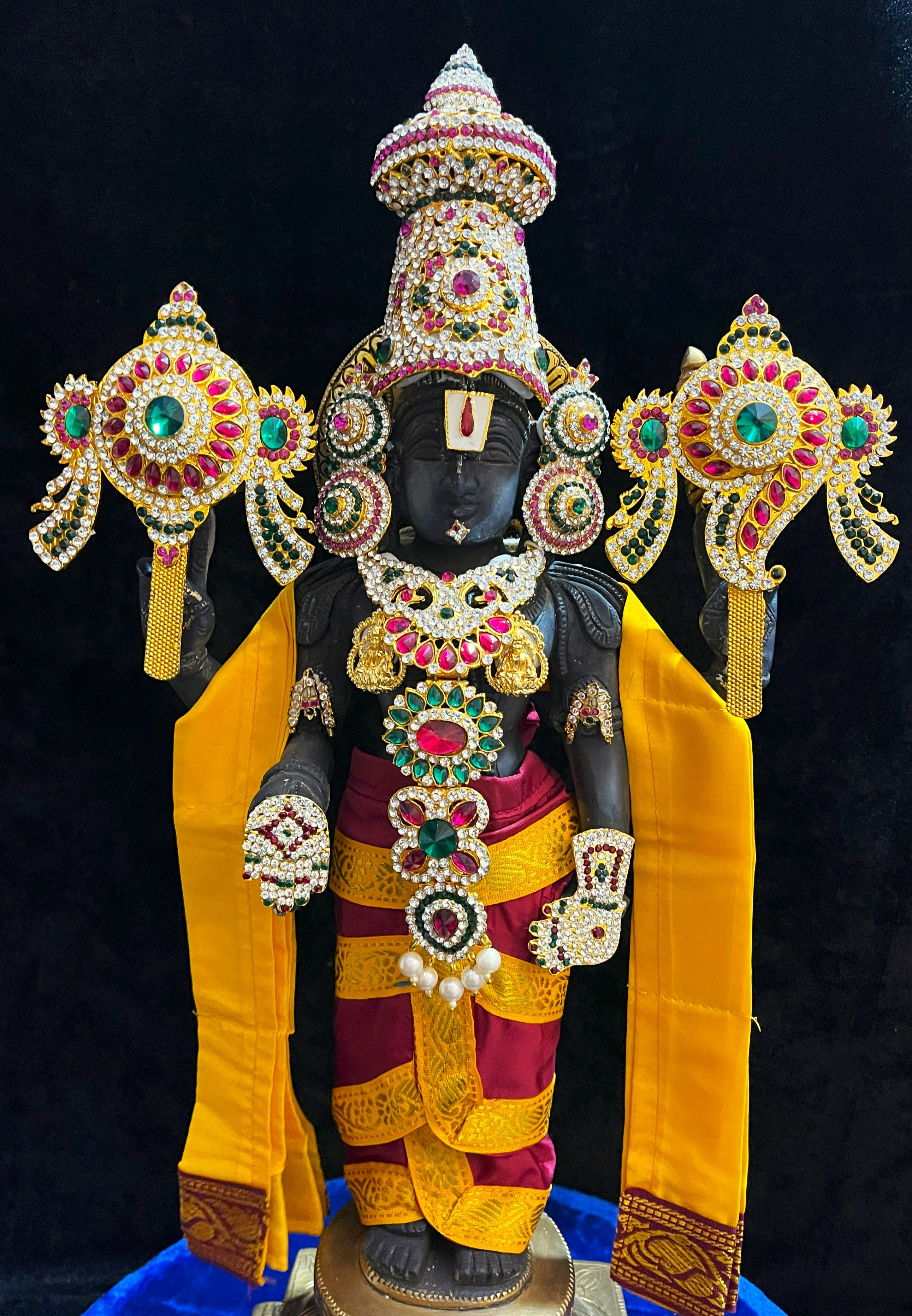 Prestitched, ready to drape Balaji dhoti and patka shalya / Uparna vastra made of Plain Silk (Not Pure Silk) - Maroon Dhoti with Yellow Border and Yellow Shalya 1