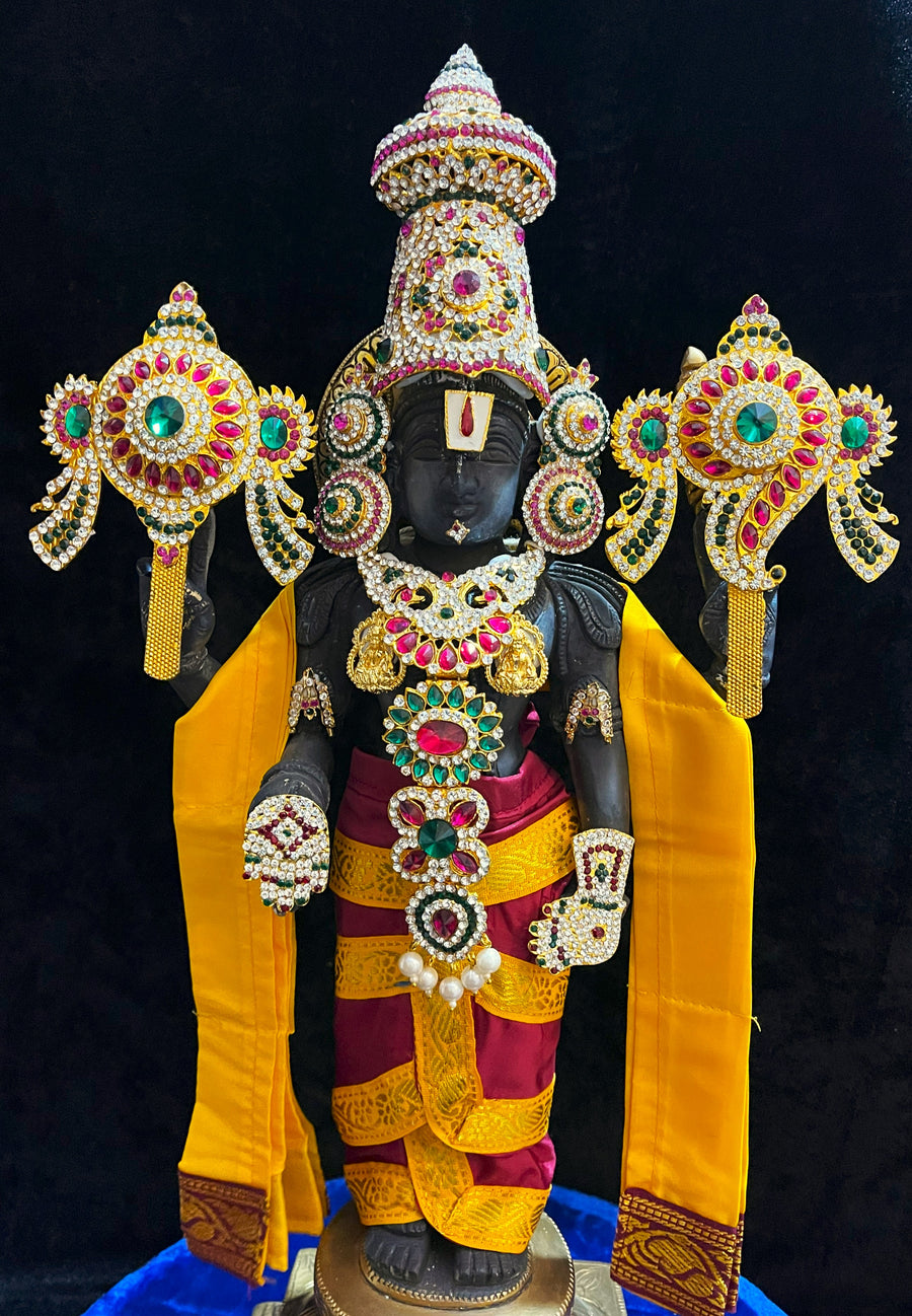 Prestitched, ready to drape Balaji dhoti and patka shalya / Uparna vastra made of Plain Silk (Not Pure Silk) - Maroon Dhoti with Yellow Border and Yellow Shalya