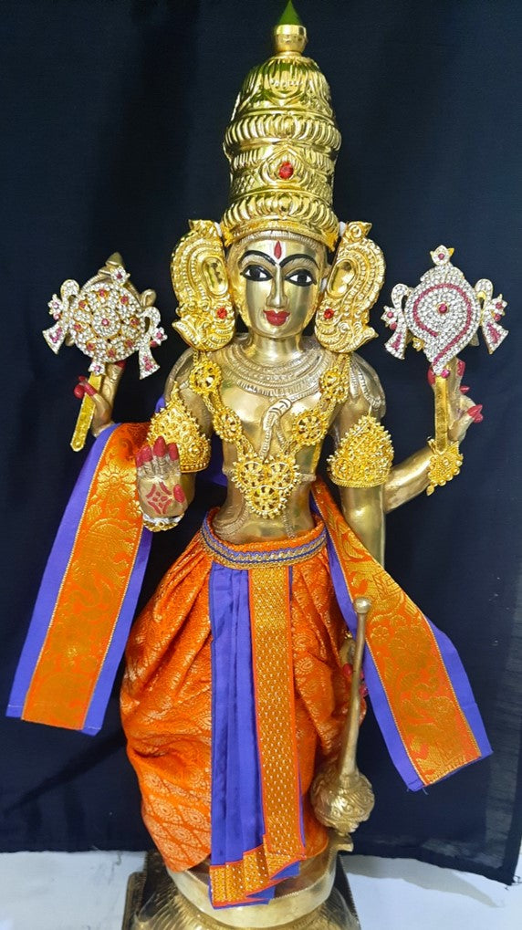 Deity dhoti and patka shalya / Uparna vastra made of Brocade Silk fabric (Not Pure Silk) - Orange Dhoti with Blue jari border and shalya 1