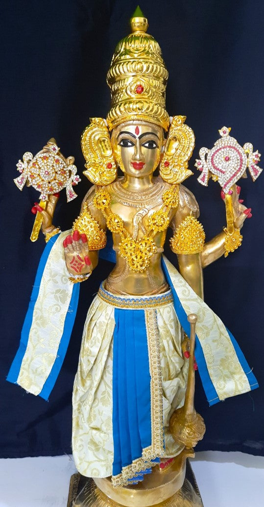 Deity dhoti and patka shalya / Uparna vastra made of Brocade Silk fabric (Not Pure Silk) - White Dhoti with Blue jari border and shalya