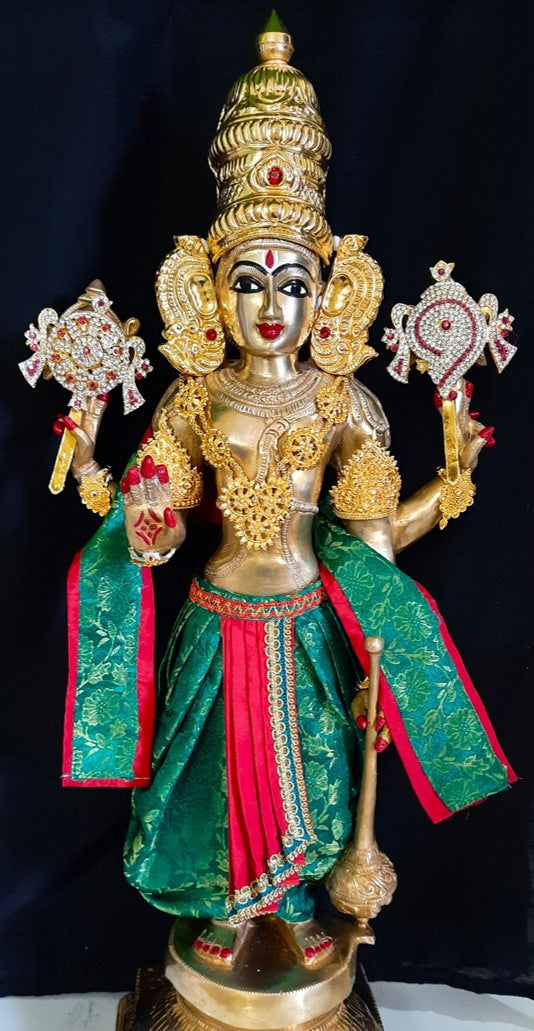 Deity dhoti and patka shalya / Uparna vastra made of Brocade Silk fabric (Not Pure Silk) - Bottle green Dhoti with red jari border and shalya