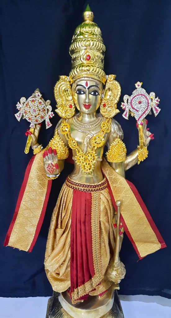 Deity dhoti and patka shalya / Uparna vastra made of Brocade Silk fabric (Not Pure Silk) - Golden Dhoti with brown jari border and shalya