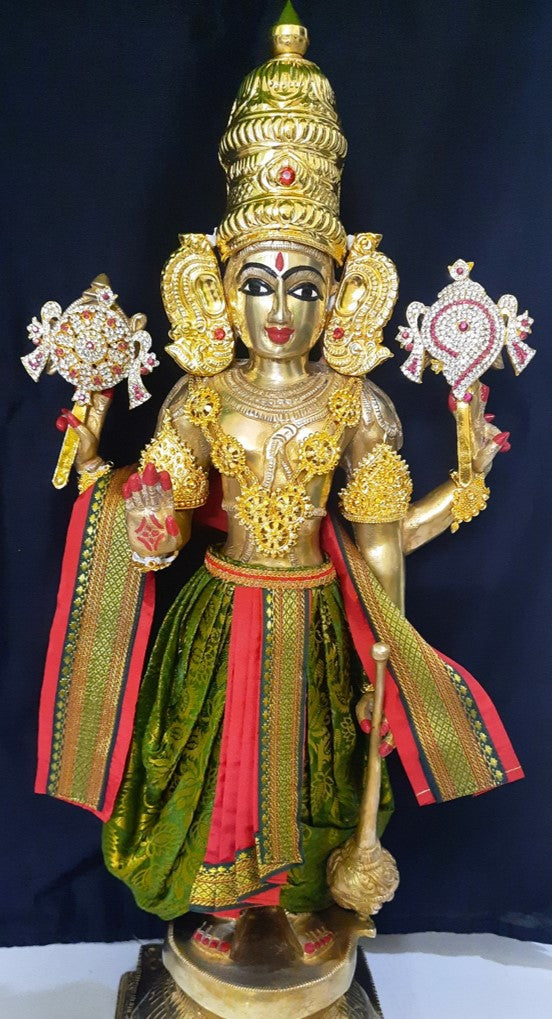 Deity dhoti and patka shalya / Uparna vastra made of Brocade Silk fabric (Not Pure Silk) - Sap green Dhoti with red jari border and shalya 1