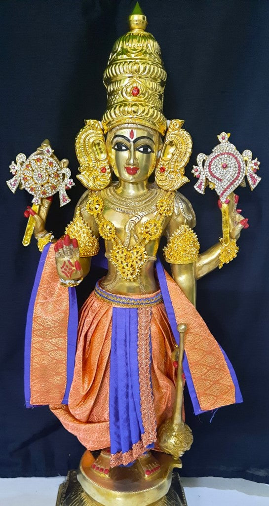 Deity dhoti and patka shalya / Uparna vastra made of Brocade Silk fabric (Not Pure Silk) - Peach Dhoti with blue jari border and shalya