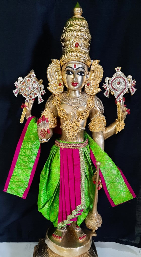 Deity dhoti and patka shalya / Uparna vastra made of Brocade Silk fabric (Not Pure Silk) - Parrot green Dhoti with purple jari border and shalya