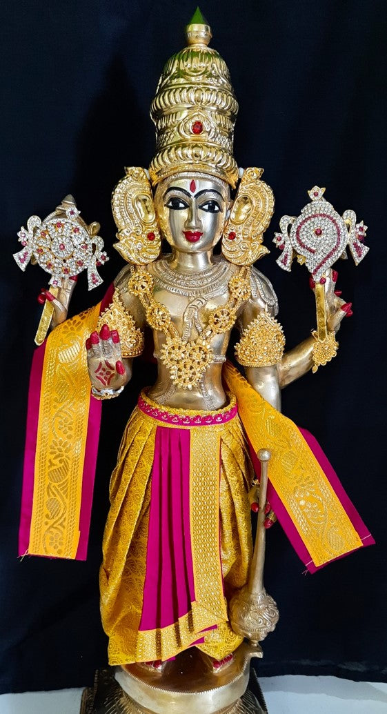 Deity dhoti and patka shalya / Uparna vastra made of Brocade Silk fabric (Not Pure Silk) - Yellow Dhoti with Pink jari border and shalya