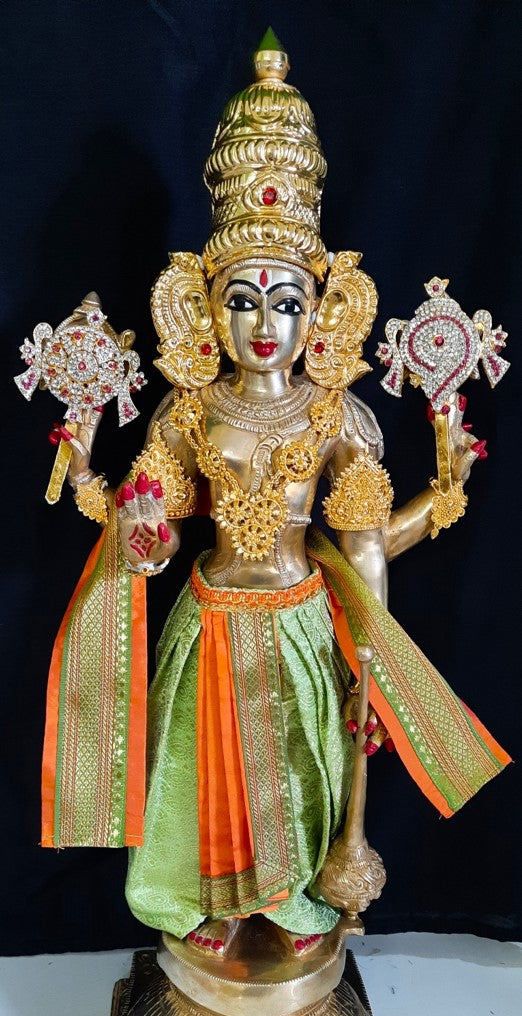 Deity dhoti and patka shalya / Uparna vastra made of Brocade Silk fabric (Not Pure Silk) - Pastle green Dhoti with orange jari border and shalya