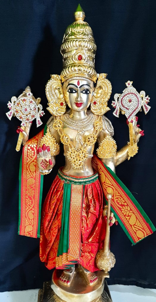 Deity dhoti and patka shalya / Uparna vastra made of Brocade Silk fabric (Not Pure Silk) - Red Dhoti with green jari border and shalya 1