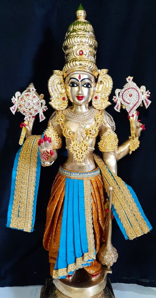 Deity dhoti and patka shalya / Uparna vastra made of Brocade Silk fabric (Not Pure Silk) - Mustard yellow Dhoti with sky blue jari border and shalya