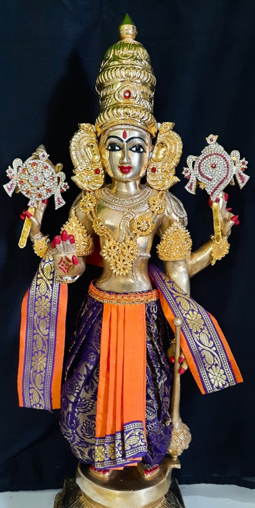Deity dhoti and patka shalya / Uparna vastra made of Brocade Silk fabric (Not Pure Silk) - Purple Dhoti with orange jari border and shalya