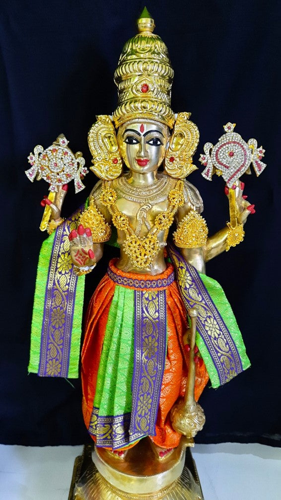 Deity dhoti and patka shalya / Uparna vastra made of Brocade Silk fabric (Not Pure Silk) - Parrot green and orange Dhoti with blue jari border and shalya 1