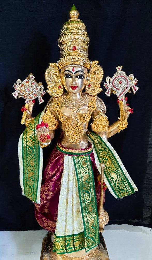 Deity dhoti and patka shalya / Uparna vastra made of Brocade Silk fabric (Not Pure Silk) - Wine and white Dhoti with green jari border and shalya