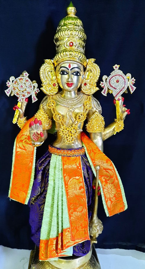 Deity dhoti and patka shalya / Uparna vastra made of Brocade Silk fabric (Not Pure Silk) - Pastle green and purple Dhoti with orange jari border and shalya