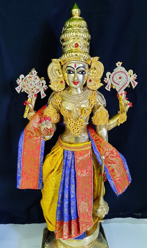 Deity dhoti and patka shalya / Uparna vastra made of Brocade Silk fabric (Not Pure Silk) - Royal blue and yellow Dhoti with red jari border and shalya