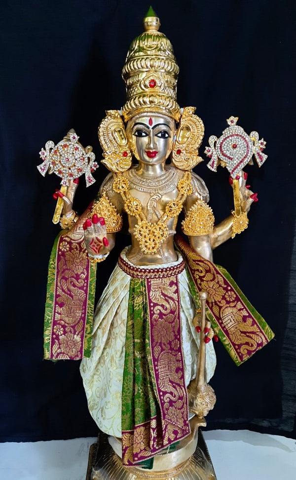 Deity dhoti and patka shalya / Uparna vastra made of Brocade Silk fabric (Not Pure Silk) - Sap green and white Dhoti with brown jari border and shalya