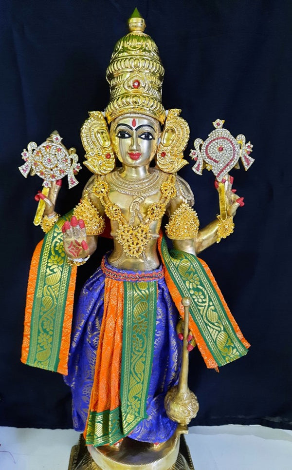 Deity dhoti and patka shalya / Uparna vastra made of Brocade Silk fabric (Not Pure Silk) - Orange and royal blue Dhoti with green jari border and shalya